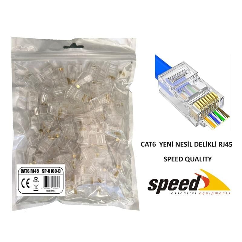 SPEED SP-U100-D CAT6 YENİ NESİL DELİKLİ EZRJ45 KONNEKTÖR 100 ADET